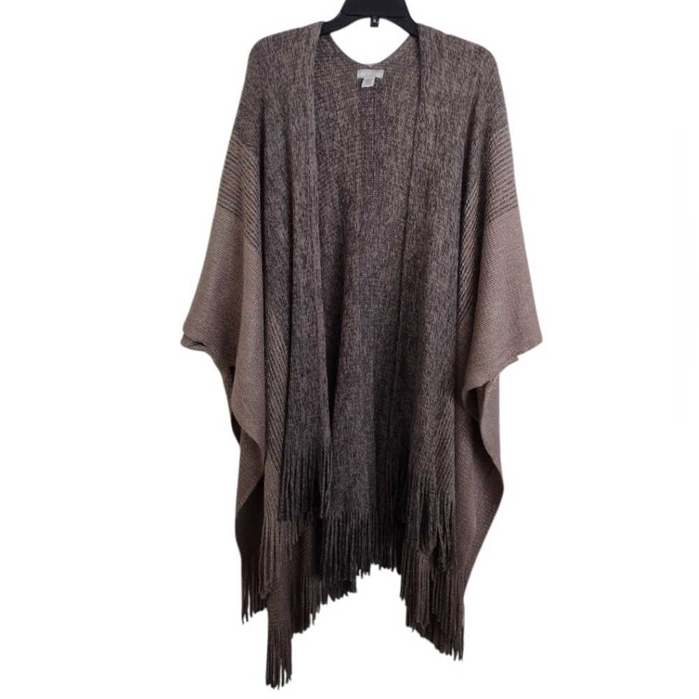 Demdaco Brown Fringe Open Shawl  Poncho Wrap One Size Fits All